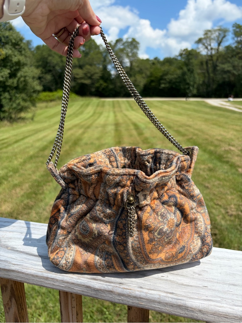 VTG 60s Velvet Bag Handbag Purse Brown Floral Retro Boho Whimsy Pops Open Chain